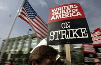 A protest sign from 2007's WGA strike in Hollywood which cost the industry over €1.82 billion