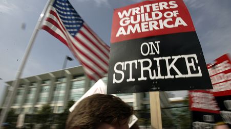A protest sign from 2007's WGA strike in Hollywood which cost the industry over €1.82 billion