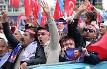 Supporters of Turkish President Recep Tayyip Erdogan cheer during his election campaign rally in Ankara, on April 30, 2023.