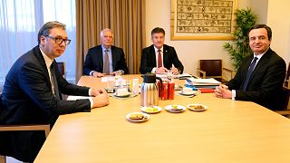 FILE - Serbian President Aleksandar Vucic, left, and Kosovo's Prime Minister Albin Kurti meet with EU foreign policy chief Josep Borrell, Brussels, on Feb. 27, 2023.