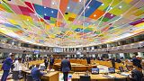 The meeting room of eurozone finance ministers at the European Council building in Brussels, Monday, July 11, 2022.