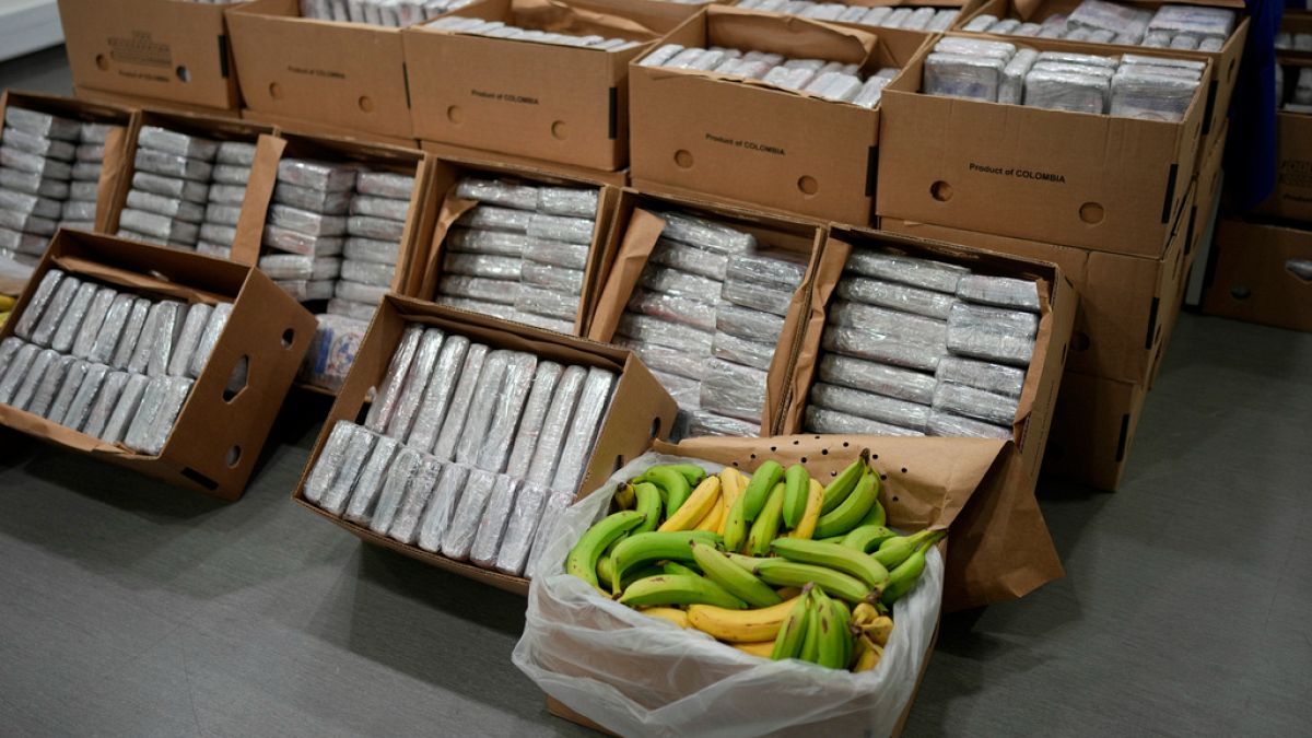 Packets of cocaine in fruit boxes are displayed for the media at the Portuguese police headquarters in Lisbon, Tuesday, May 2, 2023.