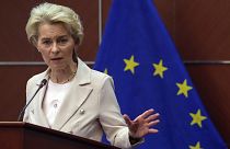 European Commission President Ursula von der Leyen speaks during a press conference at the Delegation of the European Union to China, in Beijing, April 6, 2023.