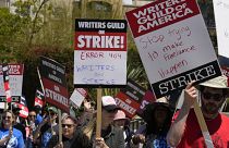 Members of the Writers Guild of America, WGA picket outside CBS Television City in the Fairfax District of Los Angeles Tuesday, May 2, 2023.