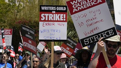 Members of the Writers Guild of America, WGA picket outside CBS Television City in the Fairfax District of Los Angeles Tuesday, May 2, 2023.