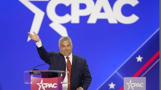 Hungarian Prime Minister Viktor Orban waves has he walks onto stage to speak at the Conservative Political Action Conference (CPAC) in Dallas. 4 August 2022