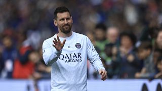 PSG's Lionel Messi gestures as he warms up before the French League One soccer match between Paris Saint-Germain and Lorient in Paris, Sunday 30 April 2023