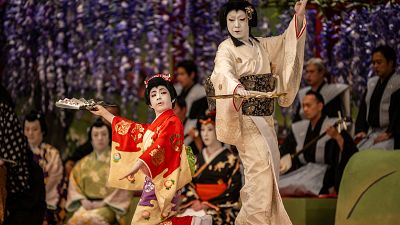 10-year-old French-Japanese kabuki actor Maholo Terajima (L) during a rehearsal at the Kabuki-za theatre in Tokyo.