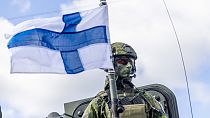 Finnish soldiers participate in the military exercise Aurora 23 after they landed in the harbour in Oskarshamn, Sweden, Tuesday, May 2, 2023. 