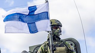 Finnish soldiers participate in the military exercise Aurora 23 after they landed in the harbour in Oskarshamn, Sweden, Tuesday, May 2, 2023. 