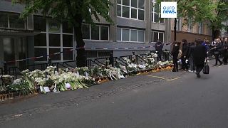 Floral tributes left to pupils killed in a mass shooting at a school. Belgrade, Serbia, May 4, 2023