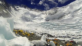 Tents are pitched on Camp 2, as climbers rest on their way to summit the 8,850-meter (29,035-foot) Mount Everest
