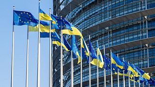 اهتزار پرچم‌های اوکراین و اتحادیه اروپا مقابل پارلمان اروپا به نشانه همبستگی علیه تهاجم نظامی روسیه