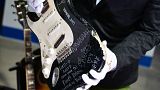 US musician Kurt Cobain's smashed Fender Stratocaster is dispalyed at Julien's Auctions in Gardena, California on May 2, 2023