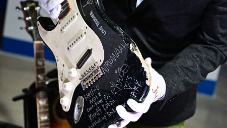 US musician Kurt Cobain's smashed Fender Stratocaster is dispalyed at Julien's Auctions in Gardena, California on May 2, 2023