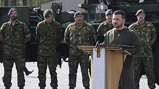 Ukraine's President Volodymyr Zelenskyy delivers a speak during a visit at at a military air base in Soesterberg, Netherlands, Thursday, May 4, 2023. 