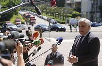 Italian Foreign Affairs Minister Antonio Tajani speaks to reporters prior to the plenary session of a bilateral meeting on the reconstruction of Ukraine