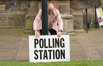A polling station sign is adjusted outside the polling station in Bridlington, England, Thursday, May 4, 2023.