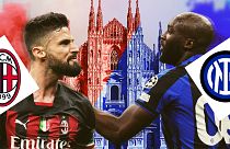 AC Milan's striker Olivier Giroud, left, and Inter striker Romelu Lukaku, right, with Milan's Duomo catherdral in the centre