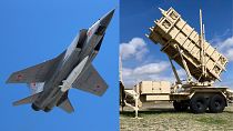سامانه پاتریوت (تصویر راست) و جنگنده میگ روسیه حاوی یک موشک هوا به زمین کینژال (تصویر چپ)