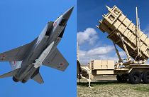 سامانه پاتریوت (تصویر راست) و جنگنده میگ روسیه حاوی یک موشک هوا به زمین کینژال (تصویر چپ)