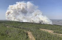 En esta foto facilitada por el Servicio de Incendios del Gobierno de Alberta, un incendio forestal quema una sección de bosque en el distrito de Grande Prairie, Canadá.