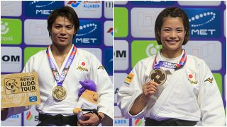 Gold medalists Abe Hifumi and Uta Abe of Japan