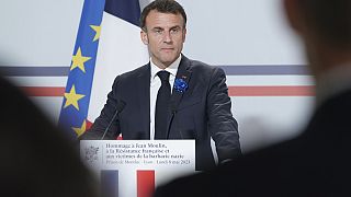 French President Emmanuel Macron delivers his speech at the WWII Monluc prison, Monday, May 8, 2023 in Lyon. 