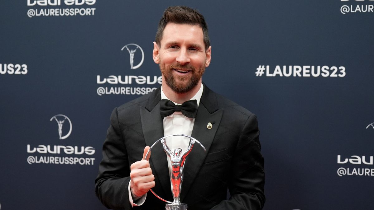Argentine soccer player Lionel Messi poses after he was presented the award for sportsperson of the year at the Laureus Sports Awards ceremony in Paris, Monday, May 8, 2023.