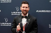 Argentine soccer player Lionel Messi poses after he was presented the award for sportsperson of the year at the Laureus Sports Awards ceremony in Paris, Monday, May 8, 2023.