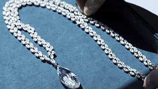A 90.36 carat Briolette of India Diamond Necklace by Harry Winston during a preview of "The World of Heidi Horten" 
