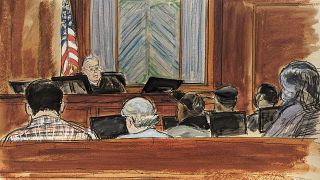 رسم يظهر القاضي لويس كابلان وهو يعطي التعليمات لهيئة المحلفين قبل بدئهم التداول في قضية اتهام دونالد ترامب بالاغتصاب