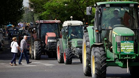 Spanish farmers in Catalonia stage a tractor go-slow protest against the effect of drought in Lleida, Spain 9 May 2023. 