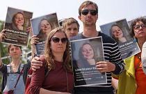 The support group of French hostage Cecile Kohler, held in Iran, gather to demand her release.