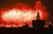 Fireworks explodes over the historic building of the Moscow State University in Russia, Tuesday, May 9, 2023 during Victory Day.