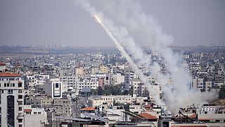 Rockets are launched from the Gaza Strip towards Israel, in Gaza City, Wednesday, May 10, 2023.