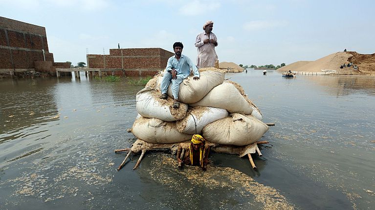 Victims of catastrophic flooding in Pakistan use a makeshift barge to carry hay for cattle in Jaffarabad, September 2022.