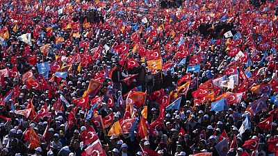 Supporters of People's Alliance's presidential candidate Recep Tayyip Erdogan attend an election rally campaign in Istanbul, Turkey, Sunday, May 7, 2023. 