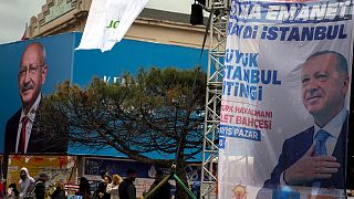 Billboards of incumbent Recep Tayyip Erdogan (R) and Turkish CHP party leader and Nation Alliance's presidential candidate Kemal Kilicdaroglu in Istanbul, Turkey, May 11, 2023