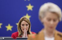 President of the European Parliament, Roberta Metsola, left, listens to European Commission President Ursula von der Leyen in Strasbourg, France, March 15, 2023.