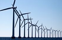 Wind turbines at Flakfortet near Copenhagen, Denmark.