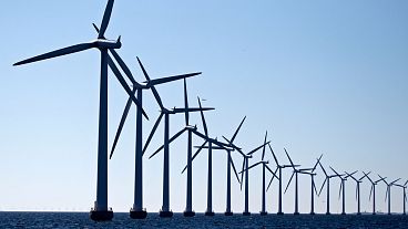 Wind turbines at Flakfortet near Copenhagen, Denmark.