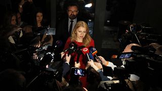 Zuzana Caputova answers journalist questions at her election headquarters to watch the results of the first round of the presidential elections in Bratislava. 16 March 2019