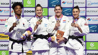 Le podium des -78 kg lors des Mondiaux de judo de Doha, au Qatar, vendredi 12 mai 2023.
