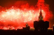 Fireworks explodes over the historic building of the Moscow State University on the Vorobyovy Gory (the Sparrow Hills) in Moscow, Russia, Tuesday, May 9, 2023 during Victory D