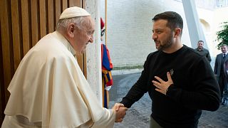 This image made available by Vatican News shows Pope Francis meeting Ukrainian President Volodymyr Zelenskyy during a private audience at The Vatican, Saturday, May 13, 2023.