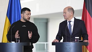 President Zelenskyy and Chancellor Olaf Scholz at a media conference in Berlin, May 14, 2023.
