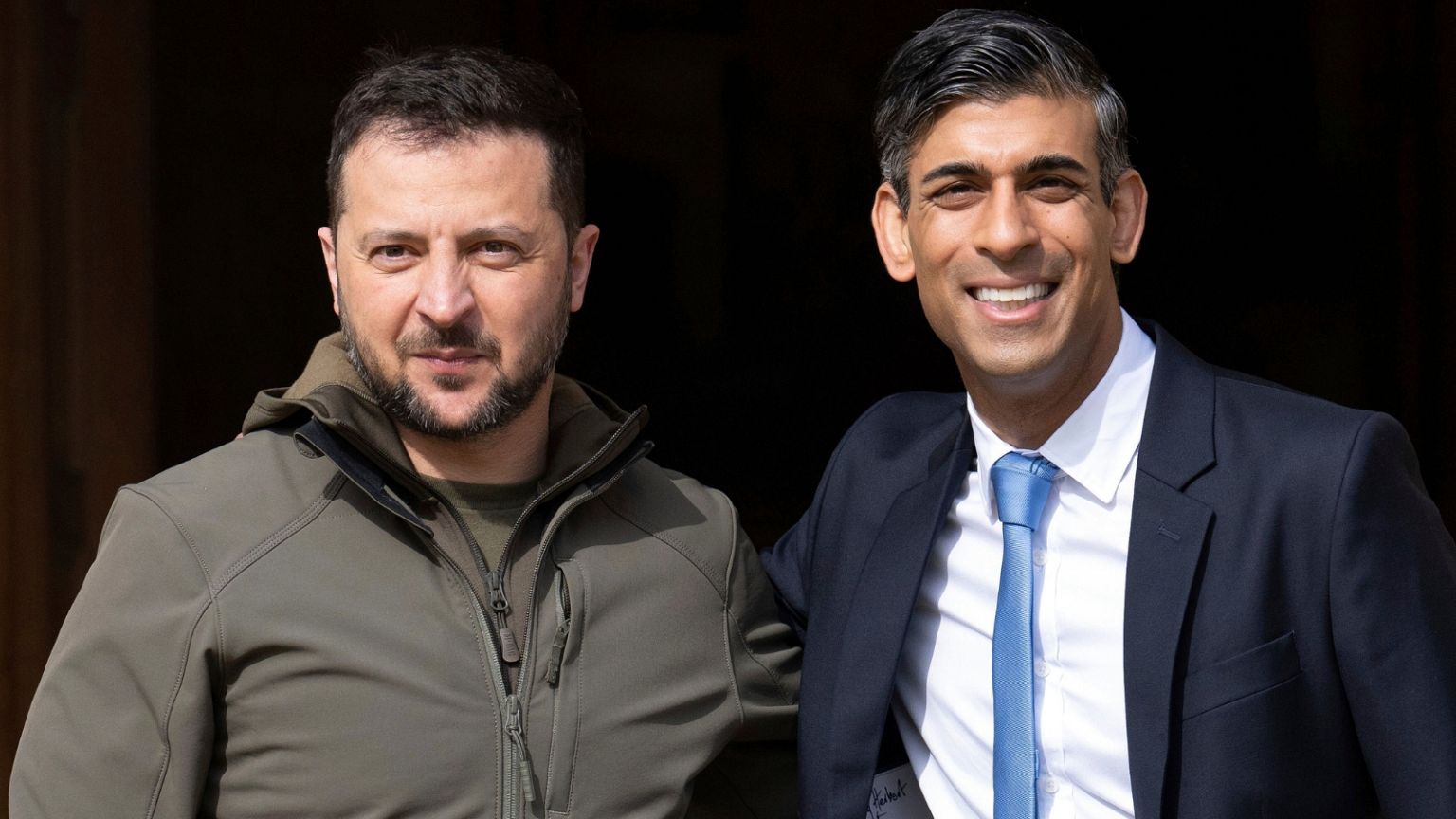 Britain's Prime Minister Rishi Sunak, right, receives Ukraine's President Volodymyr Zelenskyy at Chequers, the PM's official country residence, 15 May 2023