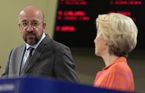 European Council President Charles Michel, left, and European Commission President Ursula von der Leyen address a media conference, ahead of the G7 summit, at EU headquarters.