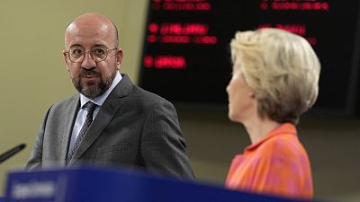 European Council President Charles Michel, left, and European Commission President Ursula von der Leyen at EU headquarters in Brussels, May 15, 2023. 